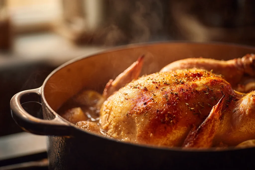 Browning chicken in a pot for homemade chicken soup to build deep flavor