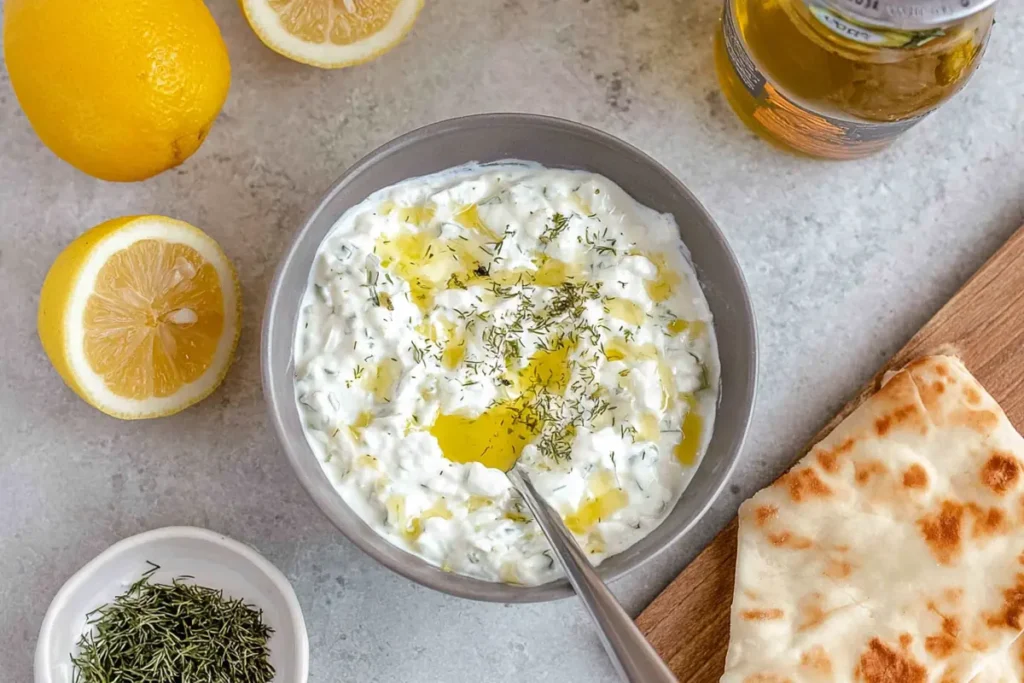 Homemade tzatziki sauce for Greek Chicken Gyros with cucumber, dill, lemon, and yogurt