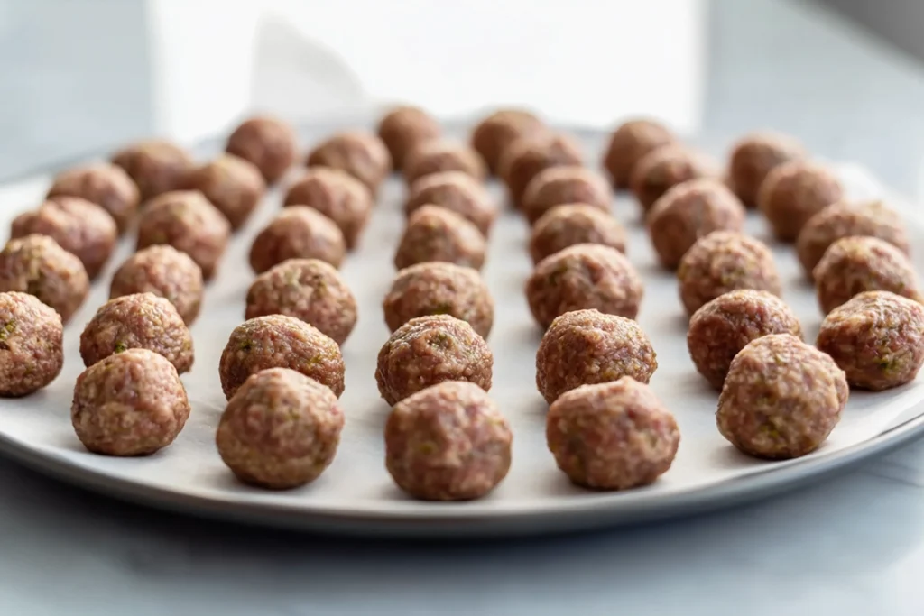Close-up of Italian Wedding Soup meatballs being prepared