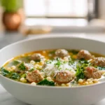 Photorealistic hero image of Italian Wedding Soup in a modern kitchen