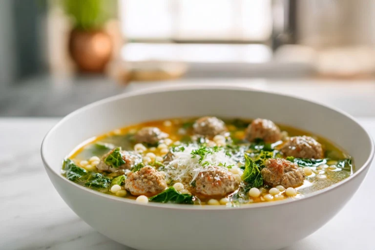 Photorealistic hero image of Italian Wedding Soup in a modern kitchen