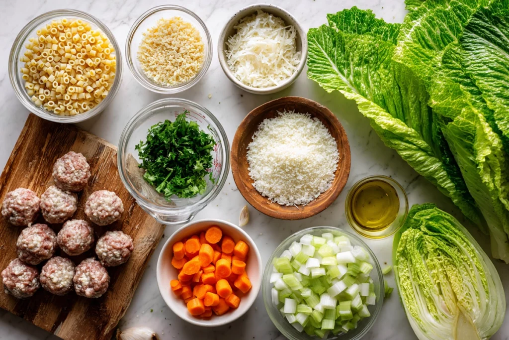 Overhead photo of Italian Wedding Soup ingredients arranged neatly