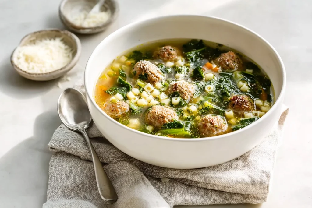 Final serving image of Italian Wedding Soup in a bright modern kitchen
