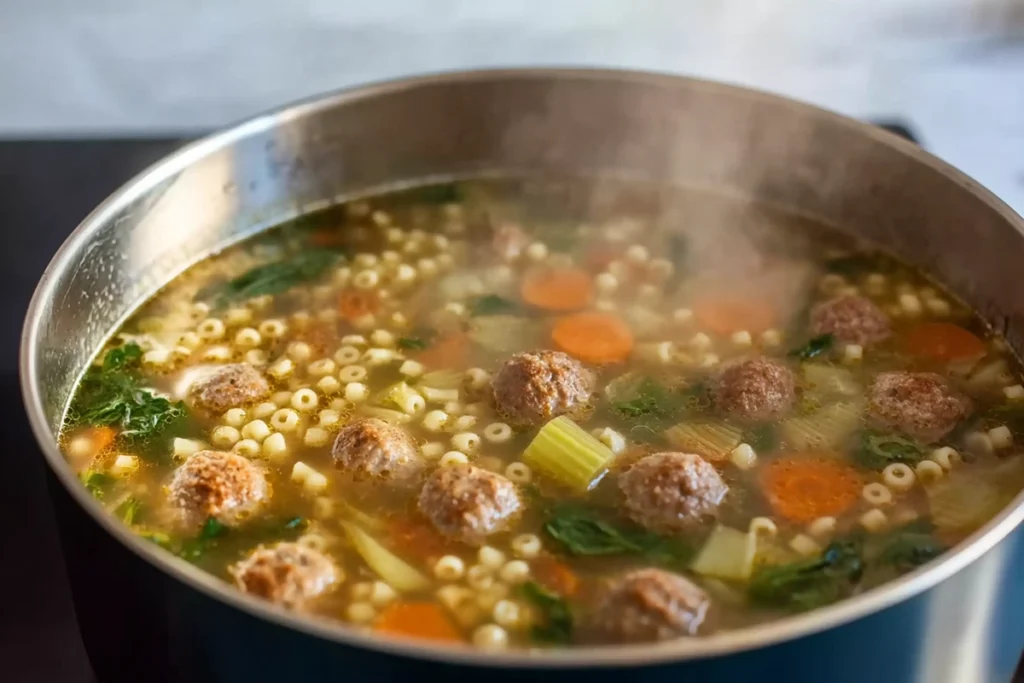 Italian Wedding Soup simmering with meatballs in a modern kitchen