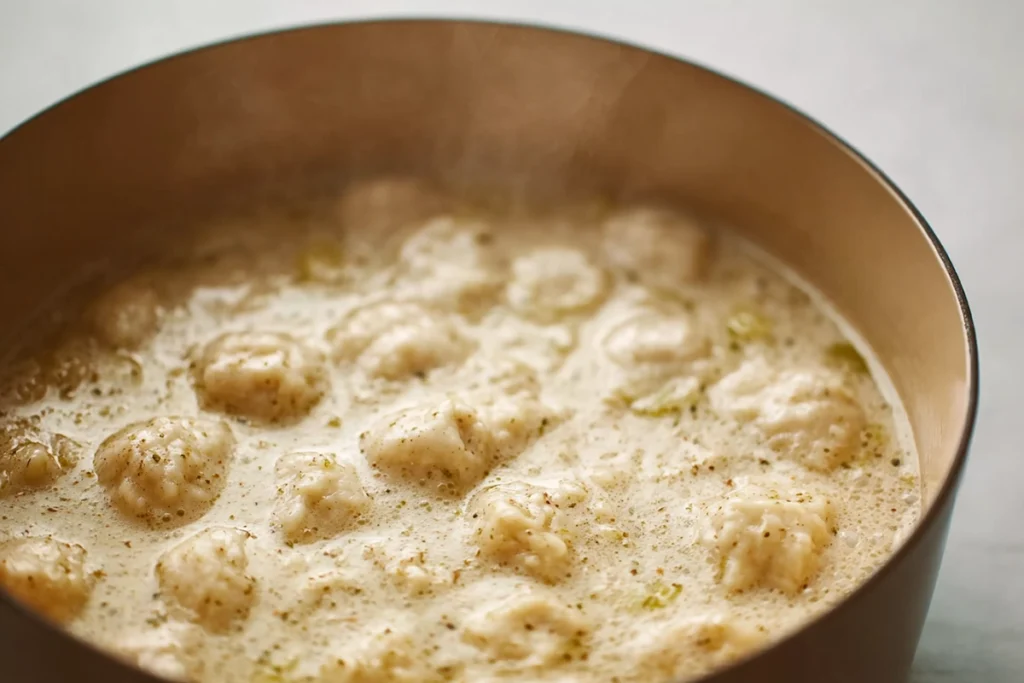 Dumplings cooking and floating in creamy Knoephla Soup