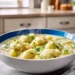 Bowl of creamy Knoephla Soup with dumplings and potatoes in a modern kitchen