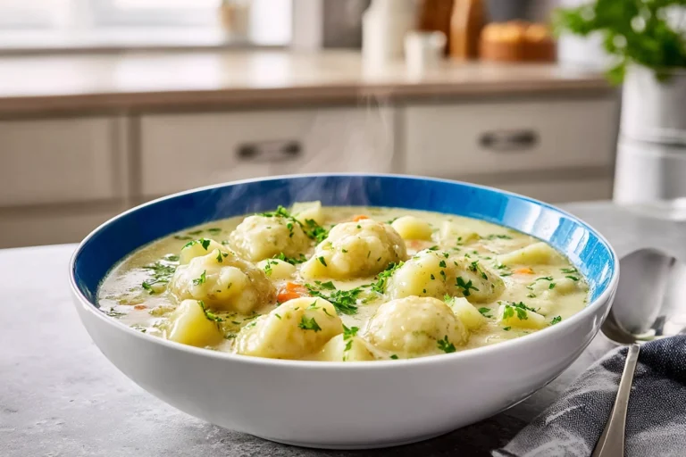 Bowl of creamy Knoephla Soup with dumplings and potatoes in a modern kitchen