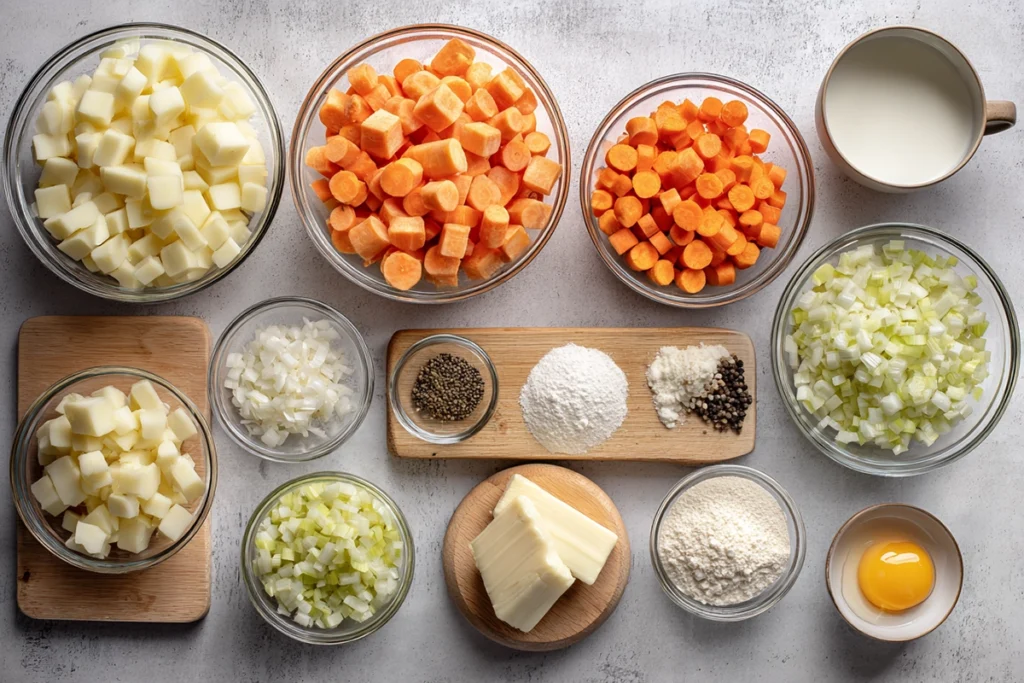 Ingredients for Knoephla Soup arranged neatly on a modern kitchen counter