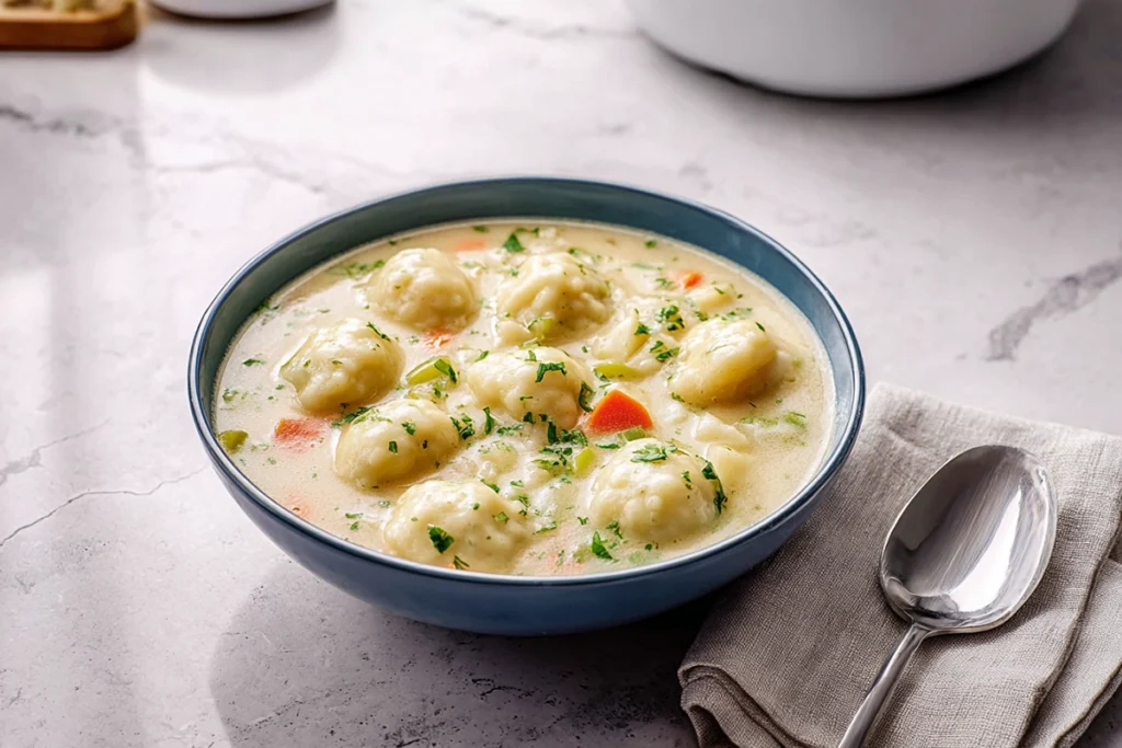 Serving bowl of homemade Knoephla Soup ready to eat