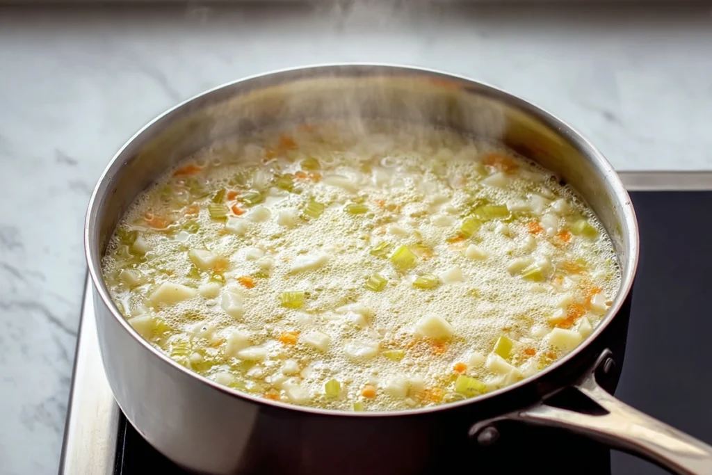 Vegetables simmering in broth for Knoephla Soup on a modern stovetop