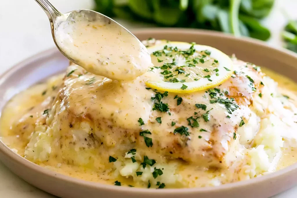 Baked Fish with Lemon Cream Sauce topped with creamy lemon sauce and parsley