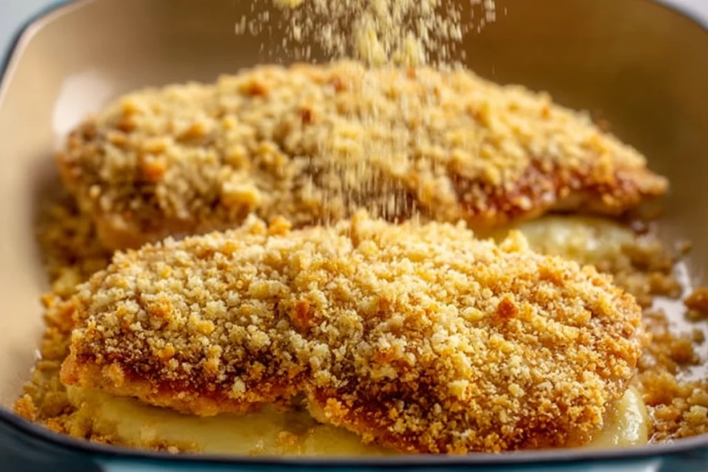 parmesan panko crust being added to longhorn parmesan chicken