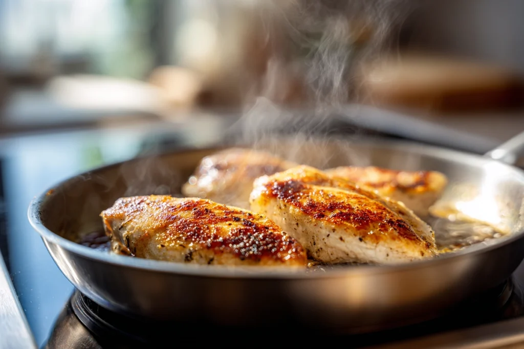 chicken breasts searing for longhorn parmesan chicken in stainless skillet