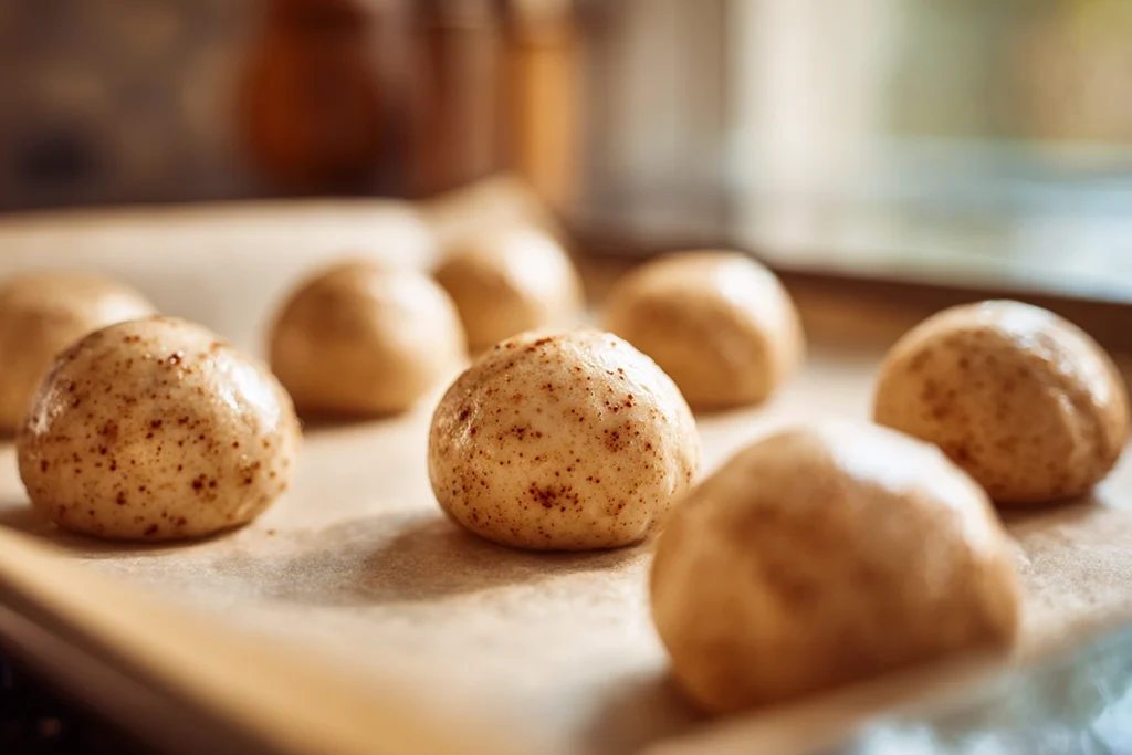 scooped maple brown sugar cookie dough balls ready for baking