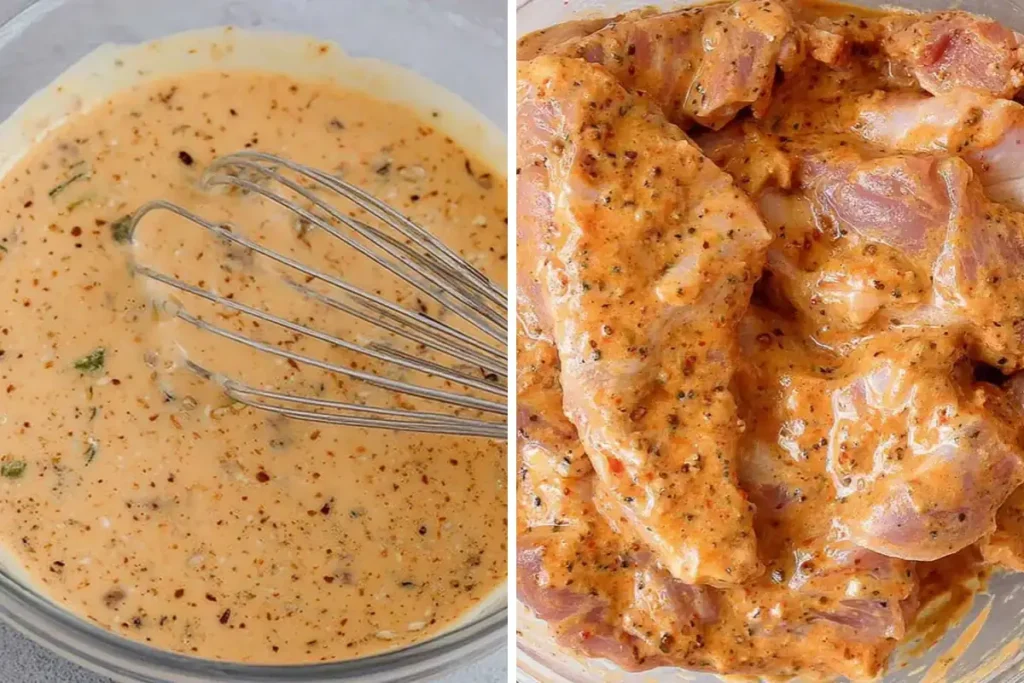 Chicken thighs coated in yogurt marinade for Greek Chicken Gyros
