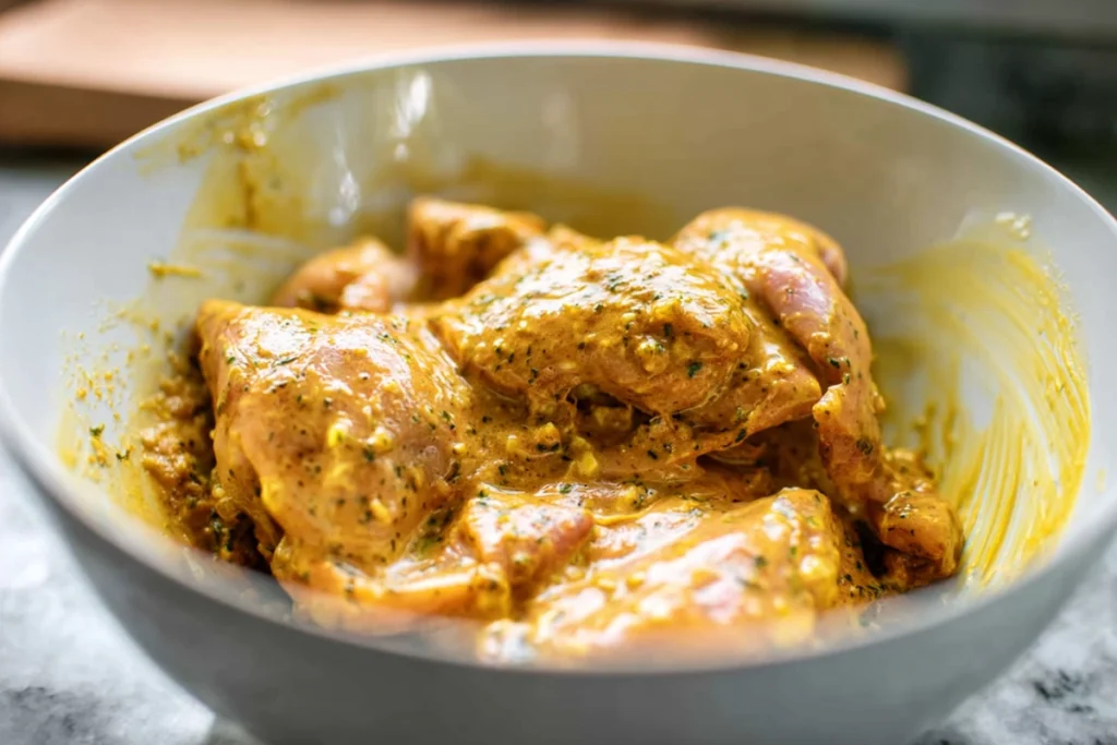 Chicken marinating in yogurt and spices for Mediterranean Chicken Gyros