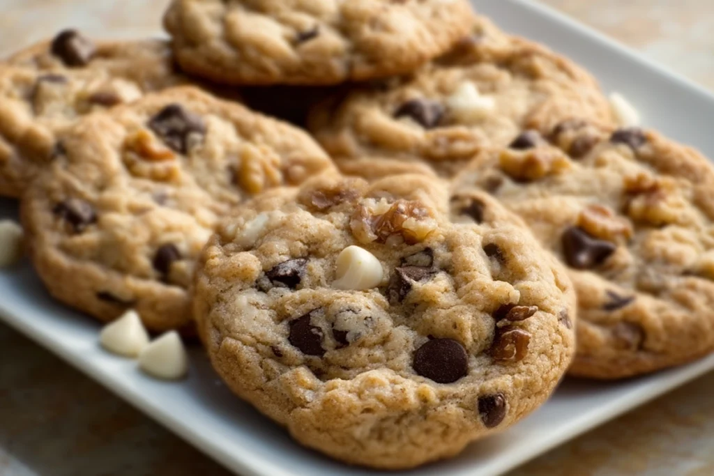photorealistic finished marry me cookies stacked on plate in modern kitchen
