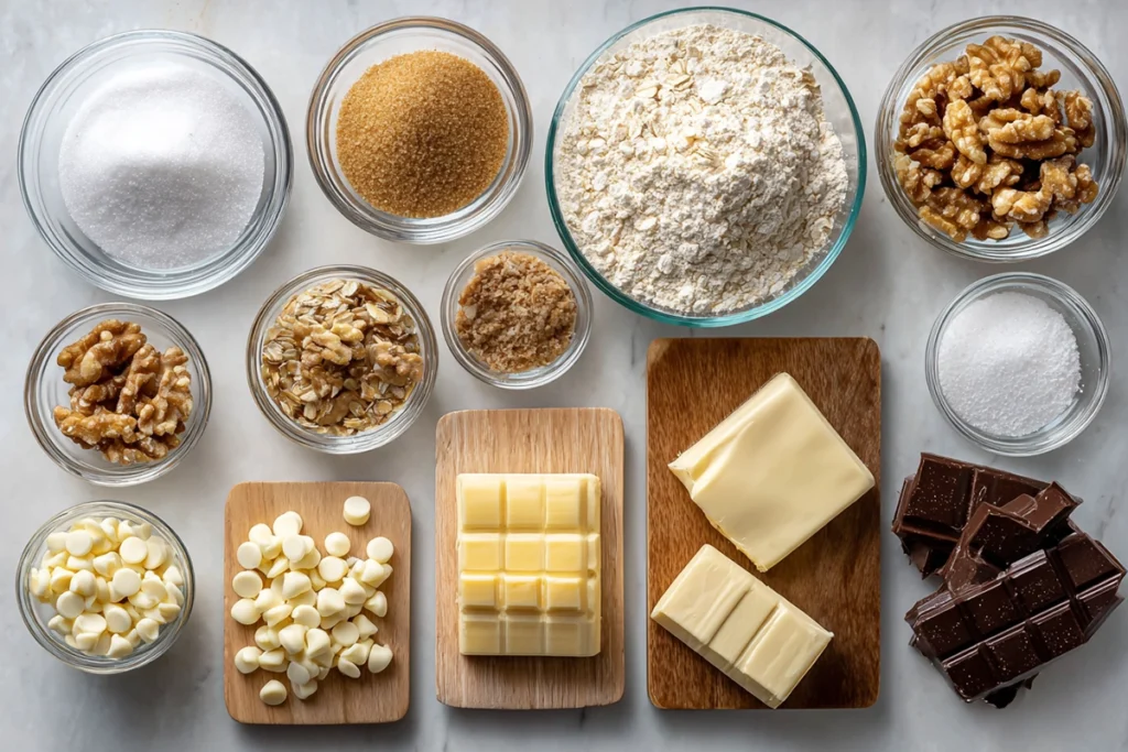 overhead shot of marry me cookies ingredients arranged in glass bowls and boards