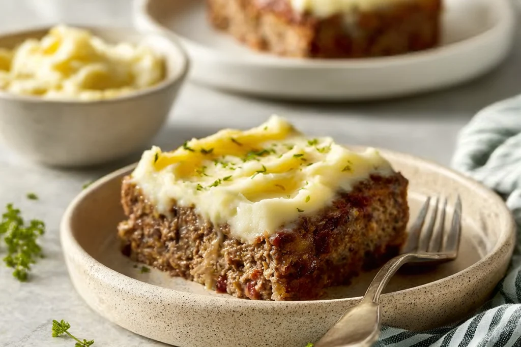 Meatloaf with mashed potatoes served on a modern plate in natural light