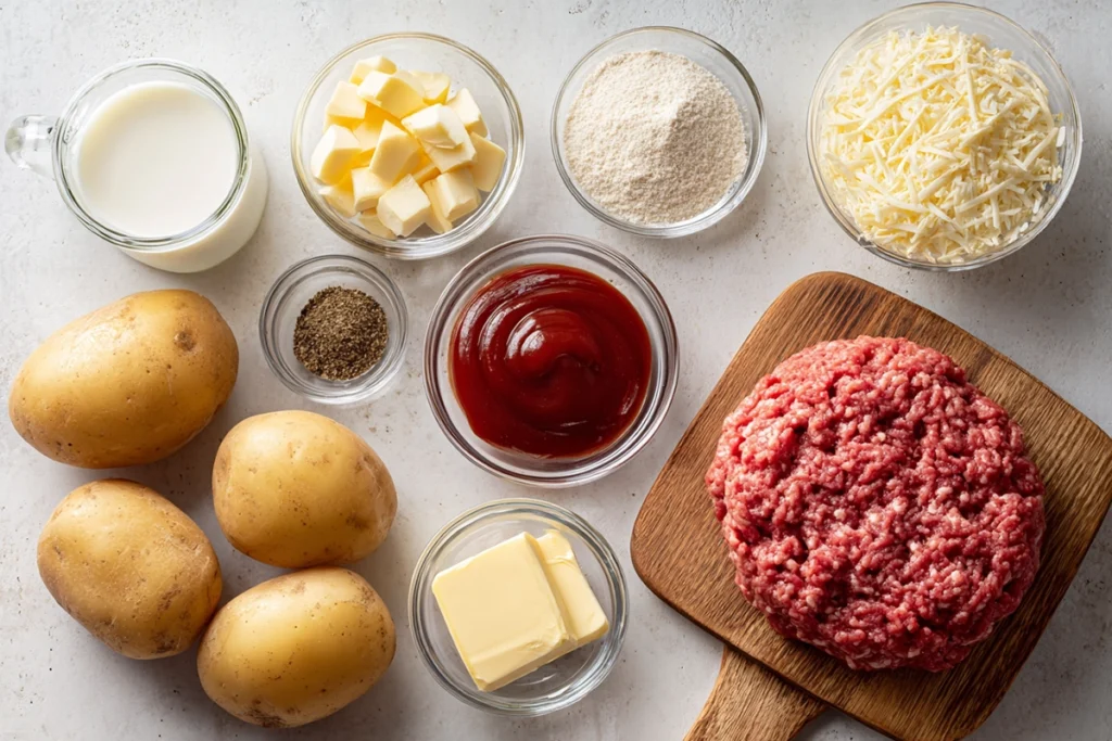 Ingredients for meatloaf with mashed potatoes arranged on a kitchen counter