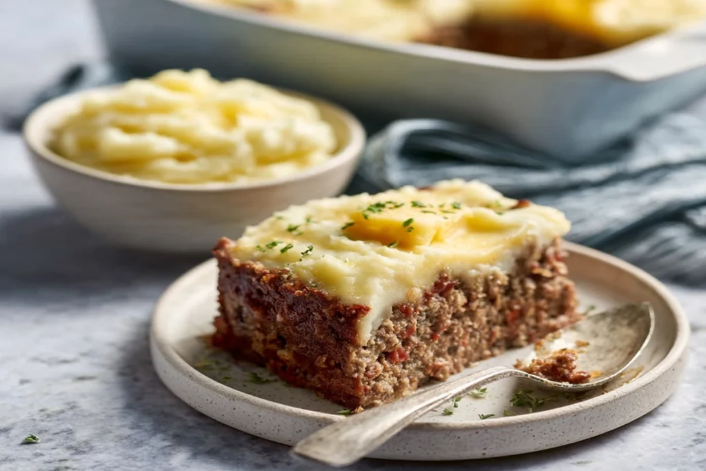 Meatloaf with mashed potatoes ready to serve on a kitchen counter