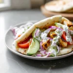 Mediterranean Chicken Gyros served in warm pita with tzatziki and fresh vegetables