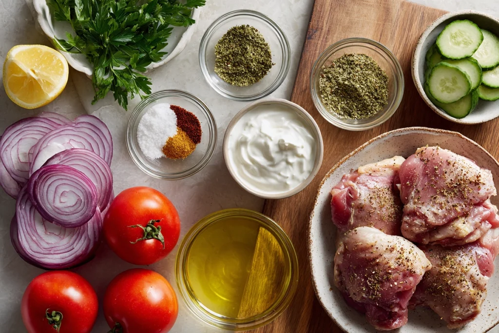 Ingredients for Mediterranean Chicken Gyros including chicken, yogurt marinade, and fresh vegetables
