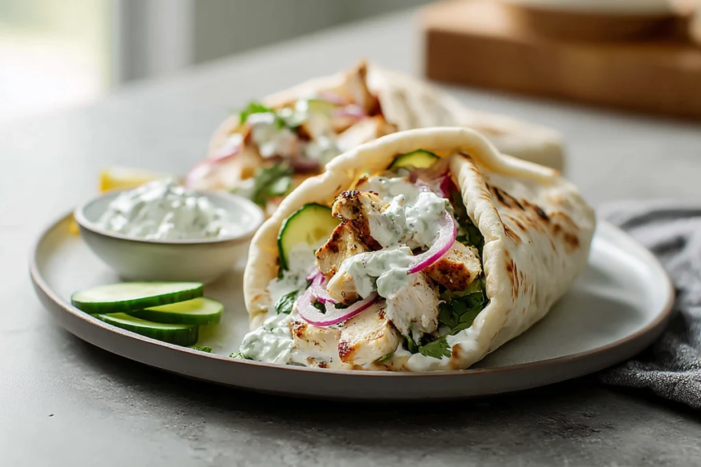 Mediterranean Chicken Gyros ready to serve with tzatziki sauce