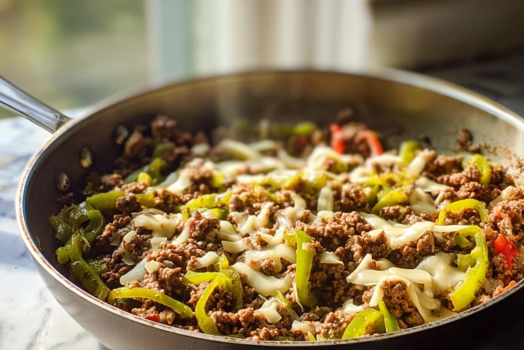 Melted cheese over ground beef Philly cheesesteak filling in a skillet
