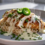Mexican Chicken with Cheese Sauce served on a modern plate with creamy cheese sauce