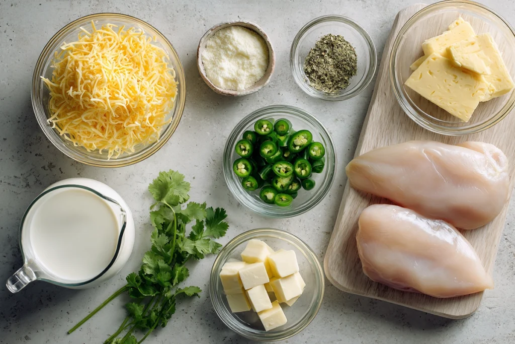 Ingredients for Mexican Chicken with Cheese Sauce arranged on a modern kitchen counter
