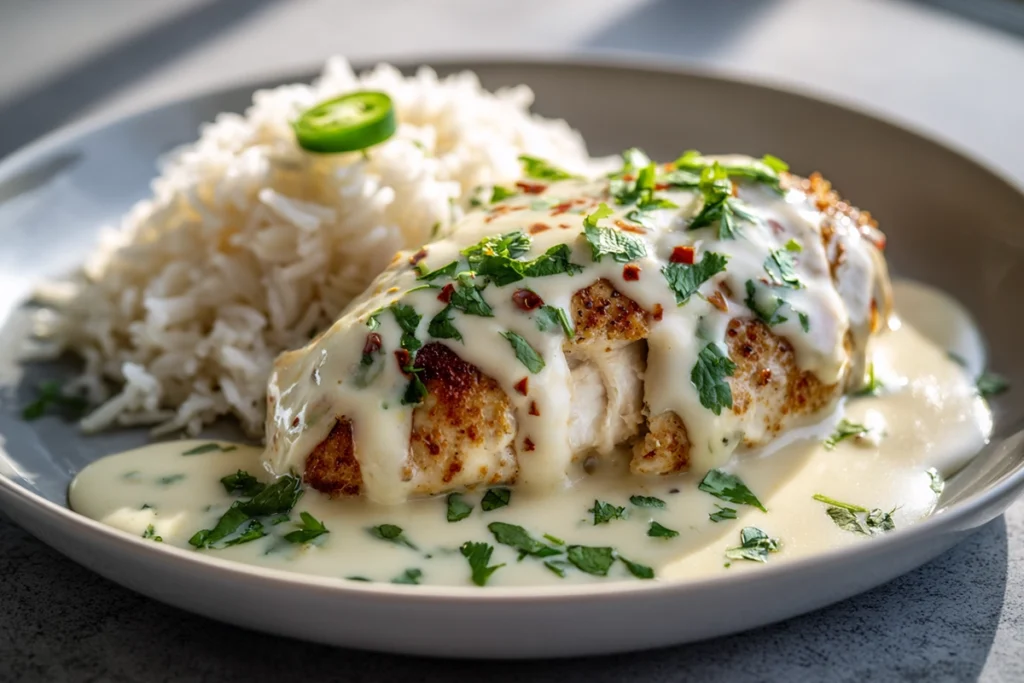 Mexican Chicken with Cheese Sauce served with rice on a modern plate