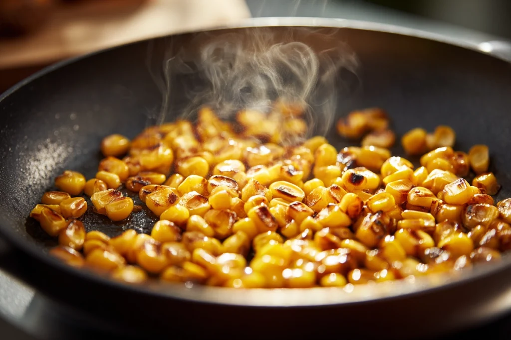 Corn charring in a skillet for Mexican Street Corn Dip preparation