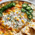Mohamed Ayad's Mexican Street Corn Dip Recipe in a white bowl with tortilla chips