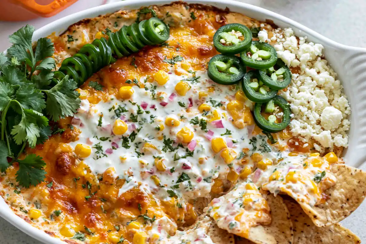 Mohamed Ayad's Mexican Street Corn Dip Recipe in a white bowl with tortilla chips
