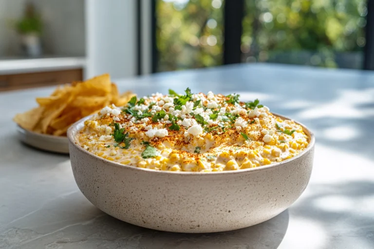Mexican Street Corn Dip served creamy and topped with cotija cheese and cilantro