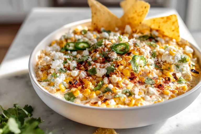Photorealistic hero image of Mexican Street Corn Dip in a modern kitchen