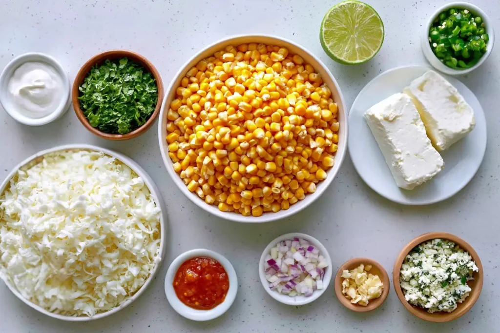 Mexican street corn dip ingredients with corn cream cheese lime cotija and spices