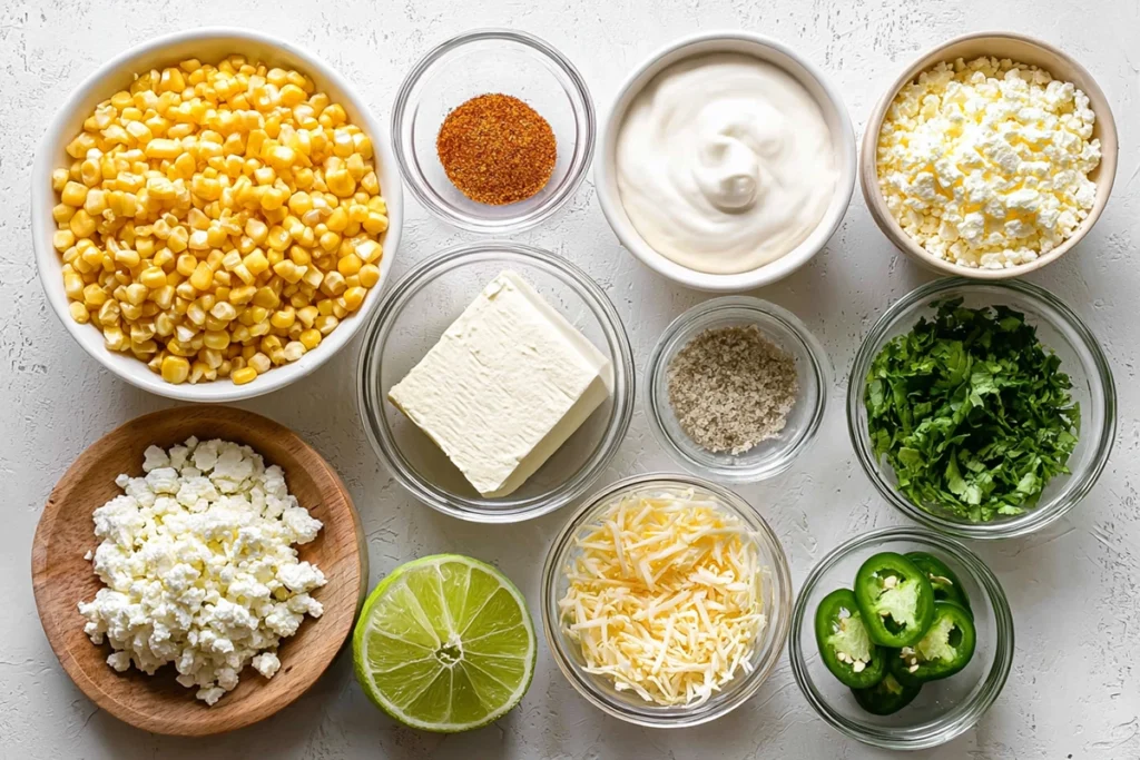 Ingredients for Mexican Street Corn Dip arranged neatly on a kitchen counter