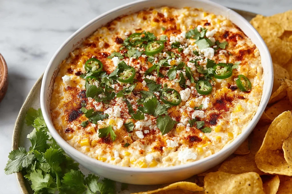 Serving bowl filled with Mexican Street Corn Dip surrounded by tortilla chips