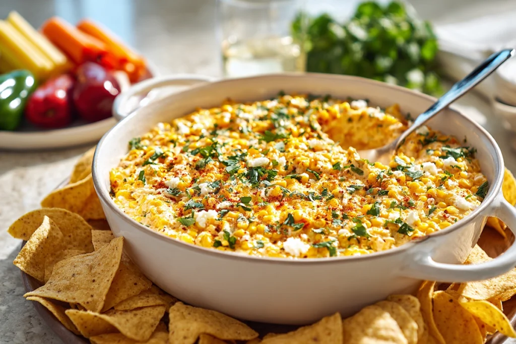 Mexican Street Corn Dip served with tortilla chips and vegetables