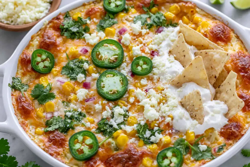 Mexican street corn dip served warm with tortilla chips for scooping