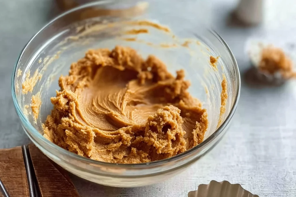 45 degree view of dough mixing stage for 4 ingredient peanut butter cookies