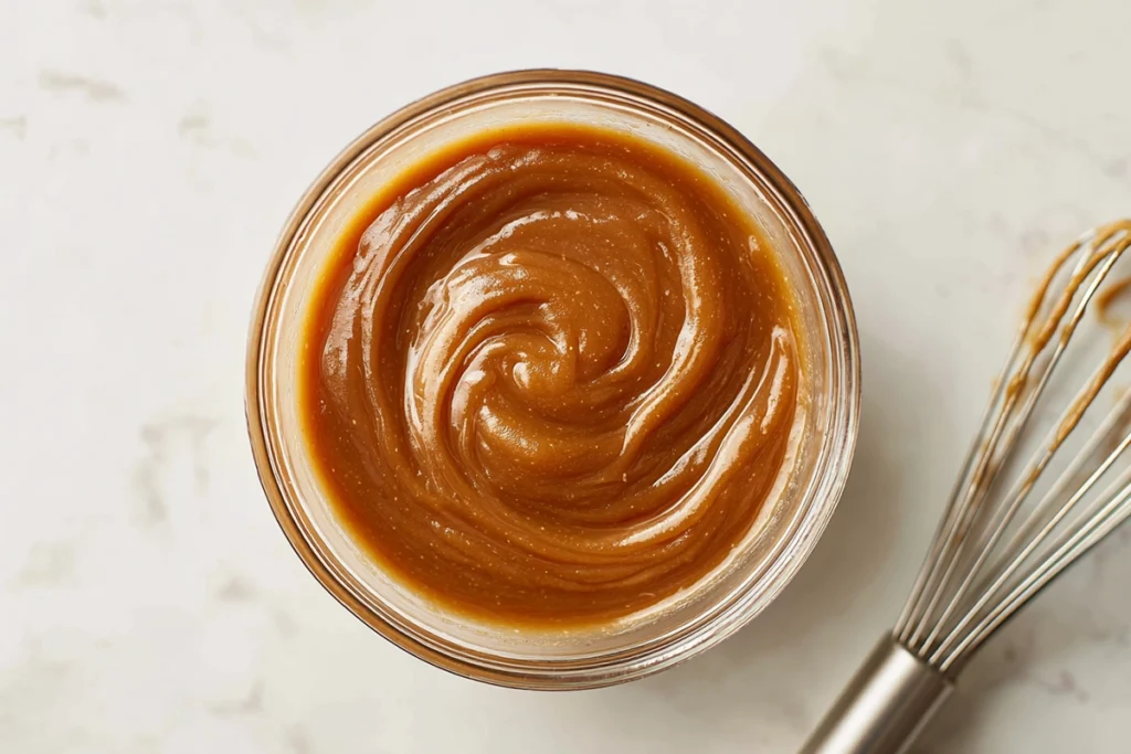 mixing wet ingredients for brown butter toffee chocolate chip cookies in glass bowl