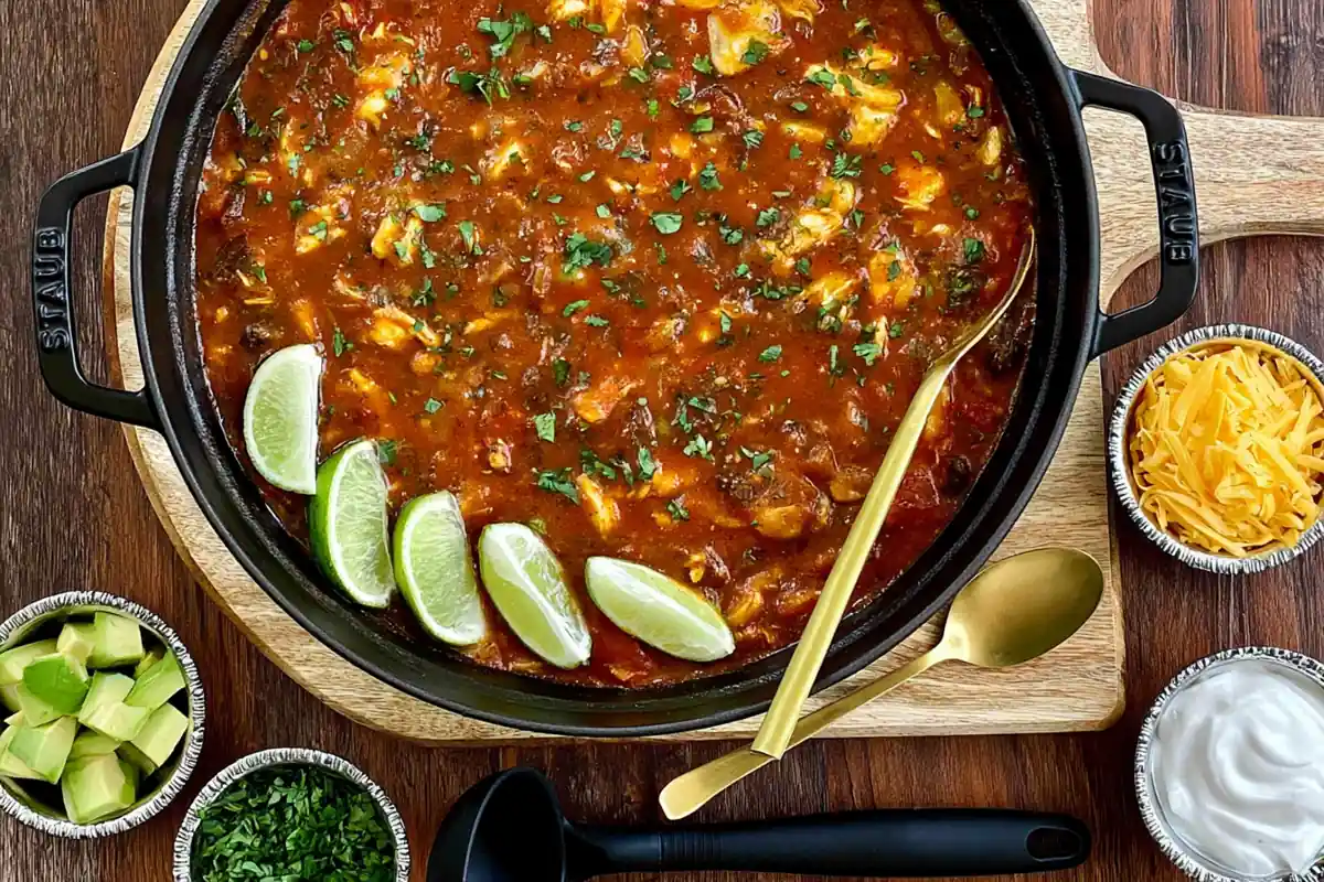 Poblano Chicken Tortilla Soup with Shredded Chicken and Vegetables 1 Mohamed Ayad's Poblano Chicken Tortilla Soup Recipe with shredded chicken, lime, and toppings