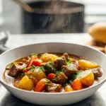 photorealistic bowl of old fashioned beef stew in modern kitchen