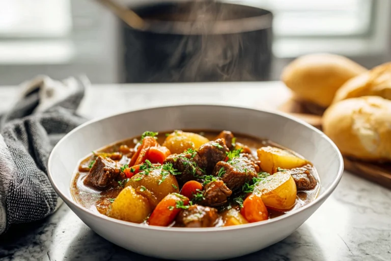 photorealistic bowl of old fashioned beef stew in modern kitchen