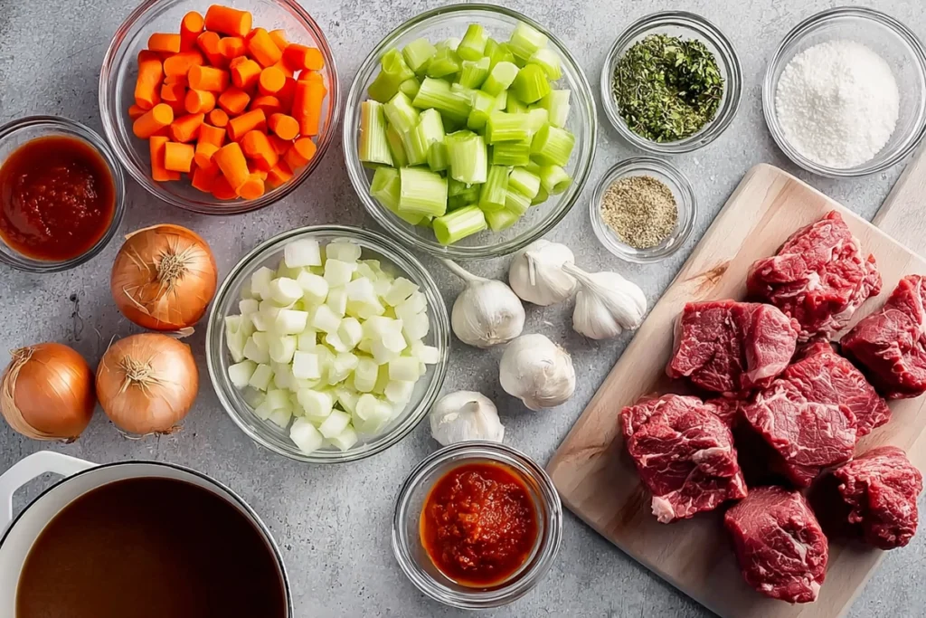 overhead display of ingredients for old fashioned beef stew