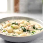 Photorealistic bowl of Olive Garden Chicken Gnocchi Soup in modern kitchen