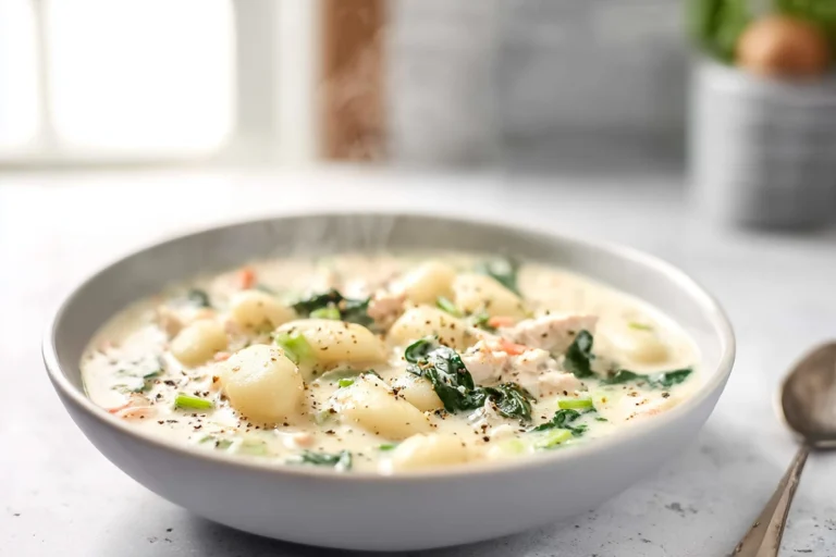 Photorealistic bowl of Olive Garden Chicken Gnocchi Soup in modern kitchen
